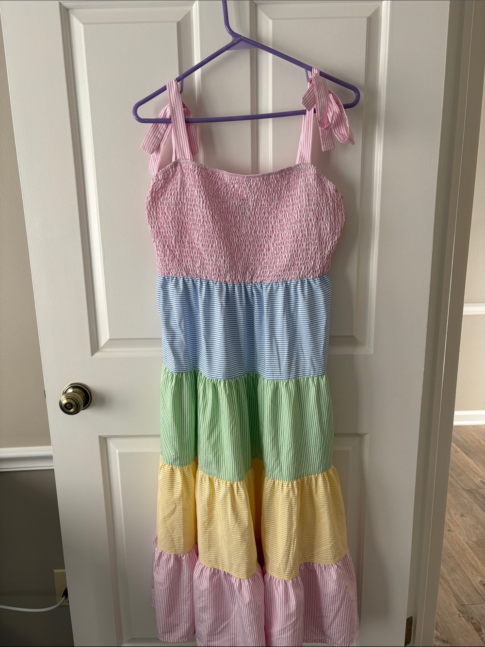 SHEIN Pastel Tiered Tie-Shoulder Sundress - Pink, Blue, Green, Yellow